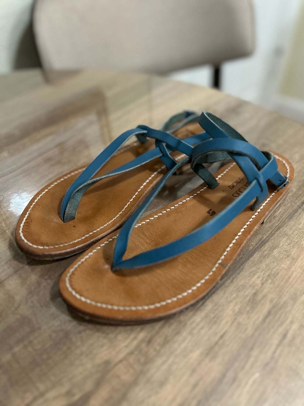K.Jacques St. Tropez Blue Leather Toe-Loop Ankle Strap Flat Sandals
